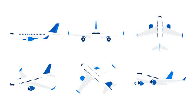 Passenger airplane set in multiple views on white background