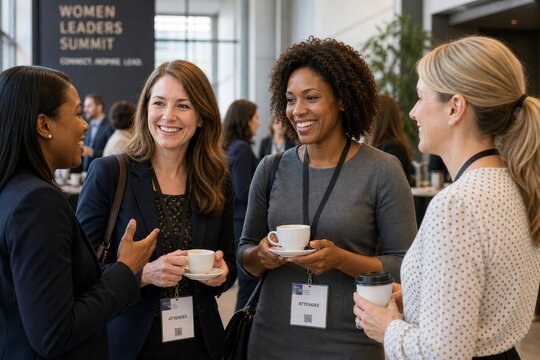 Four professional women are networking and smiling while holding coffee cups and name tags at a women leaders summit event.