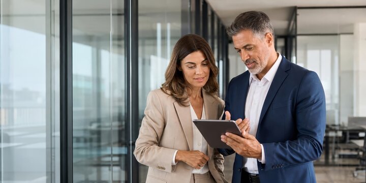 Male and female business professionals collaborate while looking at a tablet computer in a contemporary office environment.