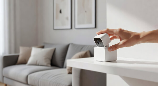  Close-up shot of a hand gently adjusting a small white cubic smart security camera on a modern white shelf