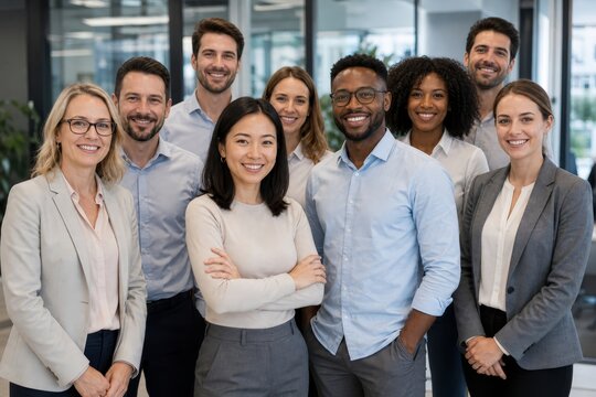 Smiling, diverse group of eight professionals, men and women of various ethnicities and ages, stand together in a well-lit modern office, posing for a positive team photograph.
