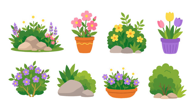 Set of colorful garden plants flowers shrubs and rocks