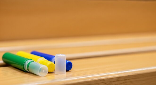 Markers lie on empty stadium concession counters at daytime.