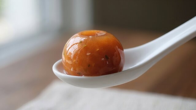 Molecular Gastronomy Soup Sphere on White Spoon for Gourmet Appetizer