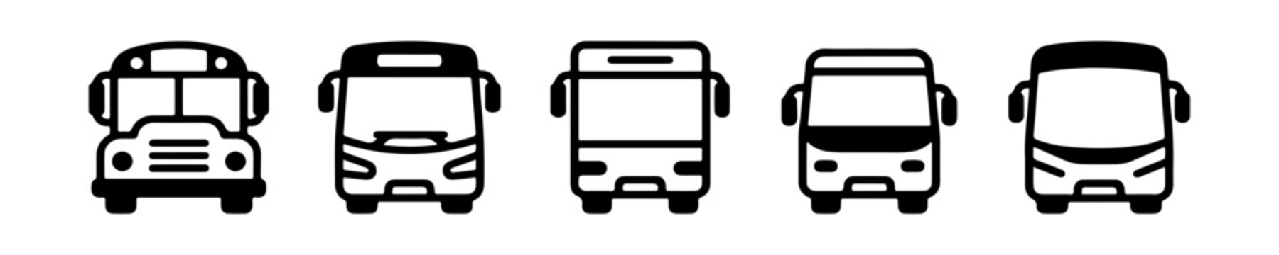 Bus icon set outline school bus city transit modern coach front view for public transport app UI