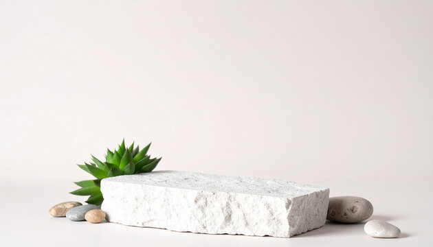 Natural white stone podium with small decorative rocks and green succulent plant, minimalist product presentation pedestal, organic aesthetic, Scandinavian style. Close-up.