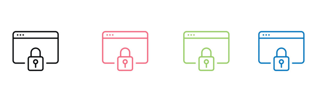 Website security lock icon set, browser data protection icon, secure website encryption icon, internet privacy window symbol vector illustration