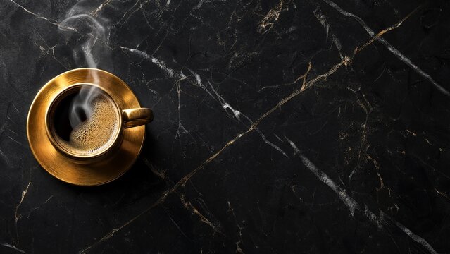Elegant golden coffee cup on black marble, capturing warmth and sophistication in a minimalist style.