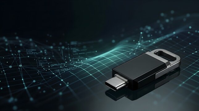 USB-C Flash Drive on Digital Data Background with Blue Glowing Network Grid and Connection Nodes.