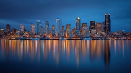 Fototapeta premium Stunning city skyline at dusk reflecting on water with illuminated buildings