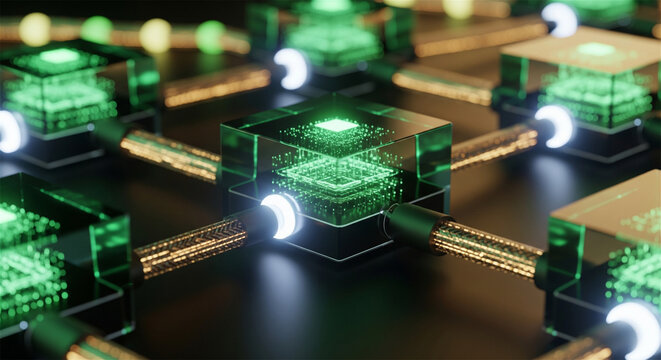 Quantum computer processor units, glowing green microchips in glass cubes, futuristic blockchain technology network concept