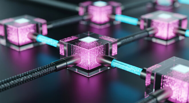 Blockchain technology concept with glowing purple data blocks, decentralized network connection, futuristic digital infrastructure for cryptocurrency