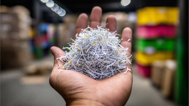 Close up hand with shredded paper in recycling warehouse, secure document destruction, confidential data disposal, office paper waste management, sustainability, eco business, arch
