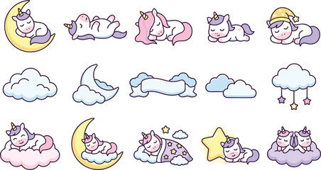 Naklejka premium Cute Sleeping Unicorn and Cloud Collection Featuring Pastel Fantasy Characters, Moon Dreams, Star Pillows, and Kawaii Nursery Elements