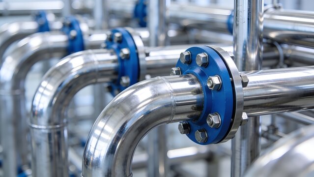 Industrial stainless steel pipes with blue flange connections secured by metallic bolts inside a modern manufacturing factory setting captured with a shallow depth of field effect
