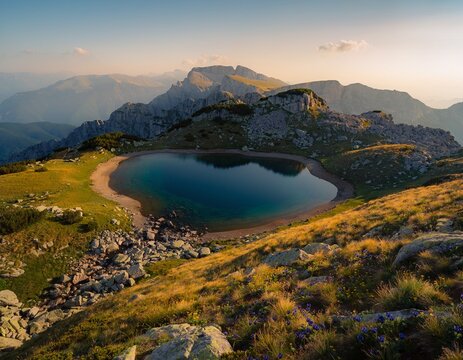 Beautiful Heart-Shaped Alpine Dragon Lake Drakolimni on Mount Smolikas, Greece