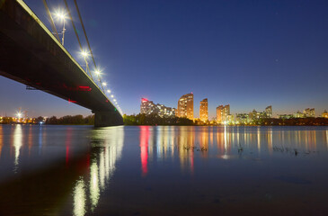 Naklejka premium Illuminated bridge and city skyline reflecting in river at night