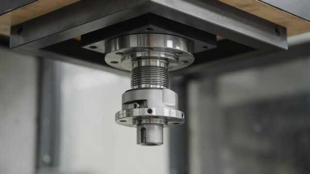 Close-up of a precision metal spindle assembly in an industrial mechanical machine