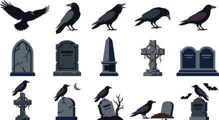 Obraz premium Halloween Graveyard Crow and Tombstone Collection Featuring Spooky Cemetery Elements, Raven Silhouettes, and Gothic Memorial Vector Icons
