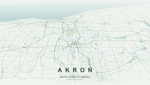 Modern minimalist vector map of Akron, Ohio, USA. High-quality scalable illustration of Akron city grid, Interstate 77 and State Route 8 highway axis for posters design. 