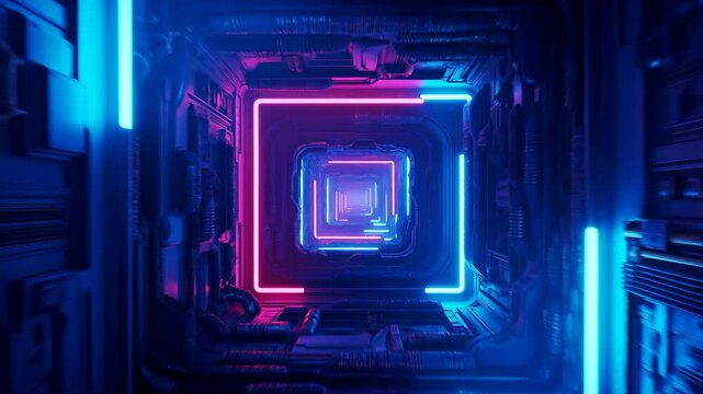 Abstract neon scifi light tunnel with glowing square frames receding into the distance, vibrant blue purple and magenta glow