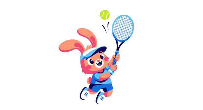 Cartoon Rabbit Playing Tennis with Racquet and Ball, Active and Sporty Animal