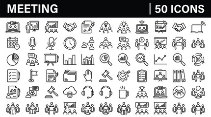Fototapeta premium Fifty professional meeting and business conference line icons featuring diverse corporate elements like charts handshake documents and team collaboration symbols displayed in a clean organized grid pa