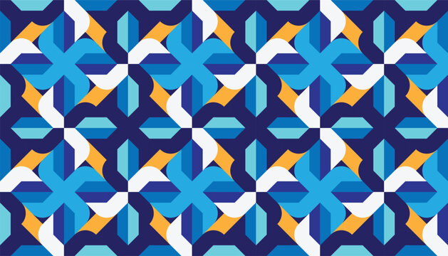 Abstract geometric seamless pattern with traditional Islamic mosaic and pinwheel shapes. Vector arabesque background featuring intricate blue and orange tile motifs.