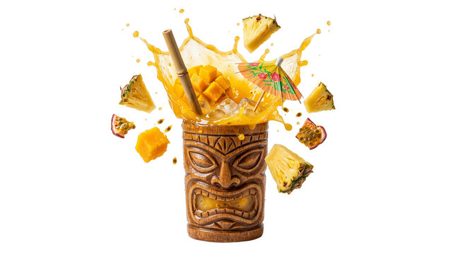 Tropical cocktail in tiki mug with splashing fruit on transparent background