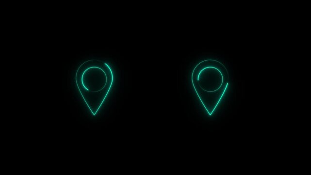 Neon  glowing map pin icon on black background, location symbol, navigation concept .map pin icon animation on black background.
