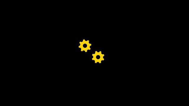 2 Yellow  white gears spinning. Group of gears. Alpha channel. Gears rotating animation. Rotating gear mechanism process settings icon animation