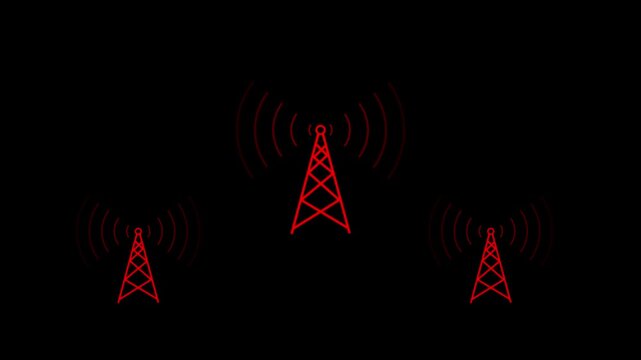 WiFi icon animation on black background.  WiFi icon symbolizing internet access. WiFi icon glows against a stark black backdrop, perfect for tech visuals.
