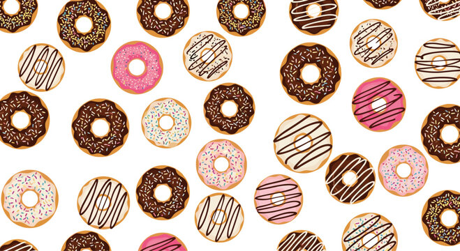 Delicious donuts pattern with various toppings including chocolate, strawberry frosting, and sprinkles on a white background.