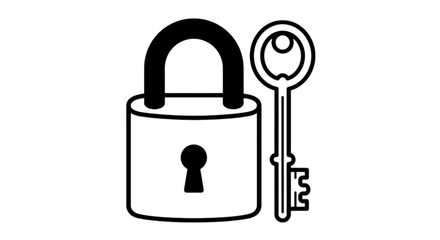 Classic style black and white vector image showing a traditional heavy padlock standing upright next to its matching vintage metal mechanical key © Muhammad