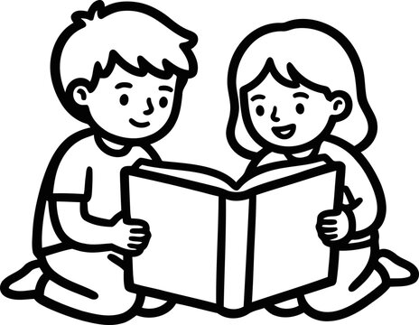 Two children reading a book together, illustration, white background, black and white cartoon style.