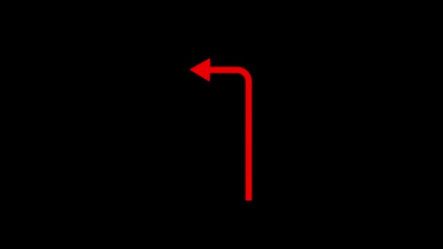 large size Red long arrow.  arrow icon. Red long arrow pointing to Go straight up and then turn left. site in isolated black background 