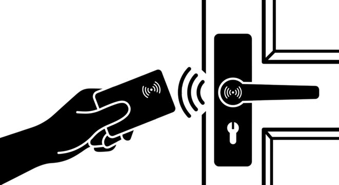 High quality vector image of a hand holding a smart contactless rfid key card up to an electronic digital door lock sensor for access control