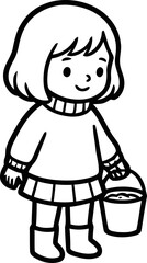 Fototapeta premium Cute cartoon girl in sweater holding bucket, outline illustration