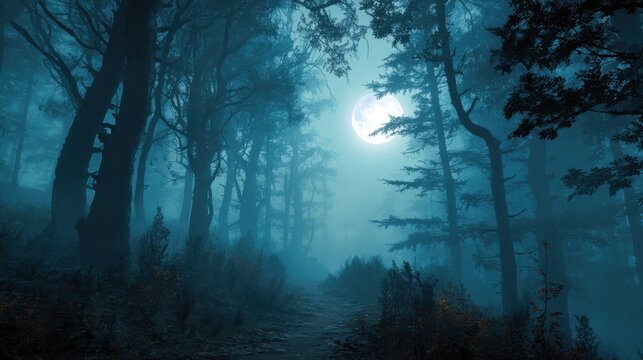 Mysterious forest with a moonlit path fog and a Halloween backdrop hint 