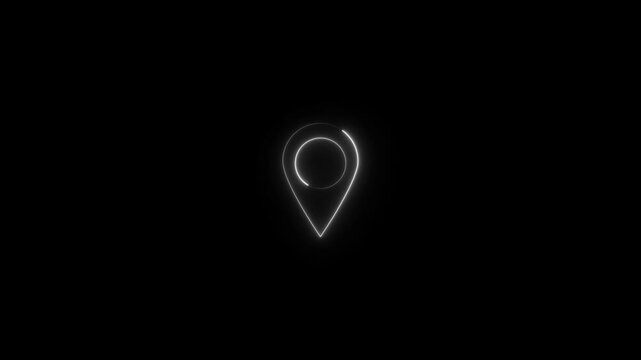 Abstract location glowing neon icon fast tracking map pin icon animation on black background. place address travel direction road signs map
