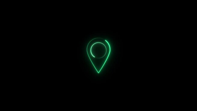 Abstract location glowing neon icon fast tracking map pin icon animation on black background. place address travel direction road signs map
