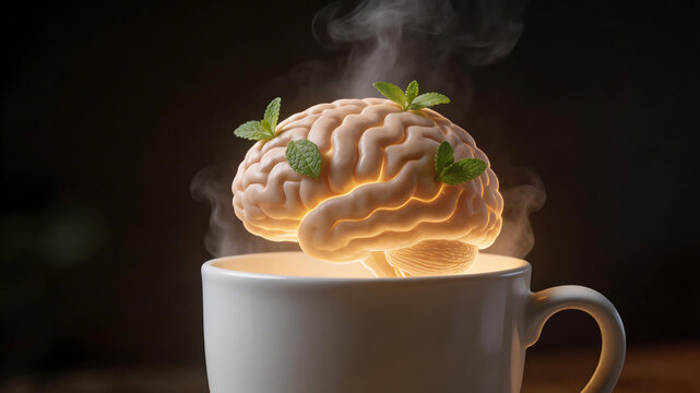Brain in a cup with steam symbolizing the limitless potential of digital design
