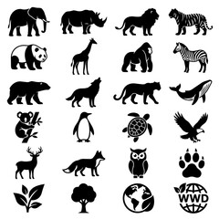 Fototapeta premium Set of Wild Animal Silhouettes and Nature Icons