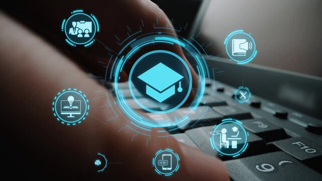 Online education icons show e-learning, online education classes, and digital study. Online education enables global online education access, flexible learning. Funnel