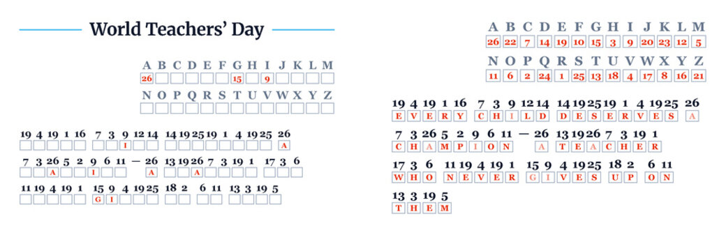World Teachers' Day Cryptograms Numbers Puzzle &mdash; Printable Worksheet with Answers