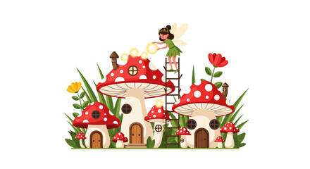 Fototapeta premium Whimsical fairy village with mushroom homes, a fairy decorates lights
