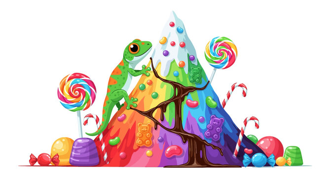 Playful Lizard Climbs Candy Mountain with Lollipops and Sweets