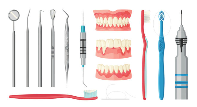 Comprehensive set of professional dental tools, toothbrushes, dental floss, and anatomical teeth models for oral hygiene and medical education.