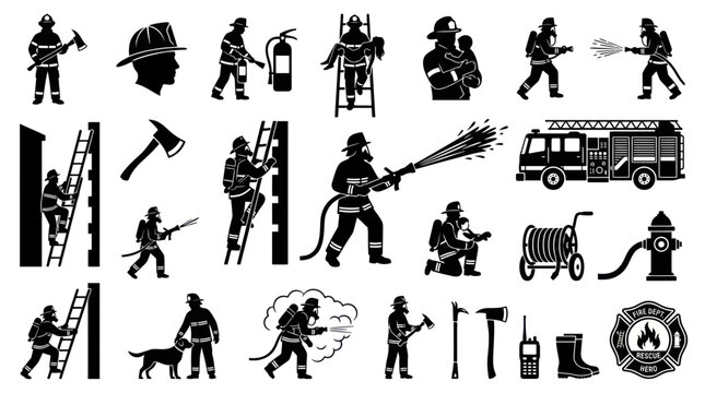 Firefighter Icons Set: Action, Equipment, and Rescue Illustrations