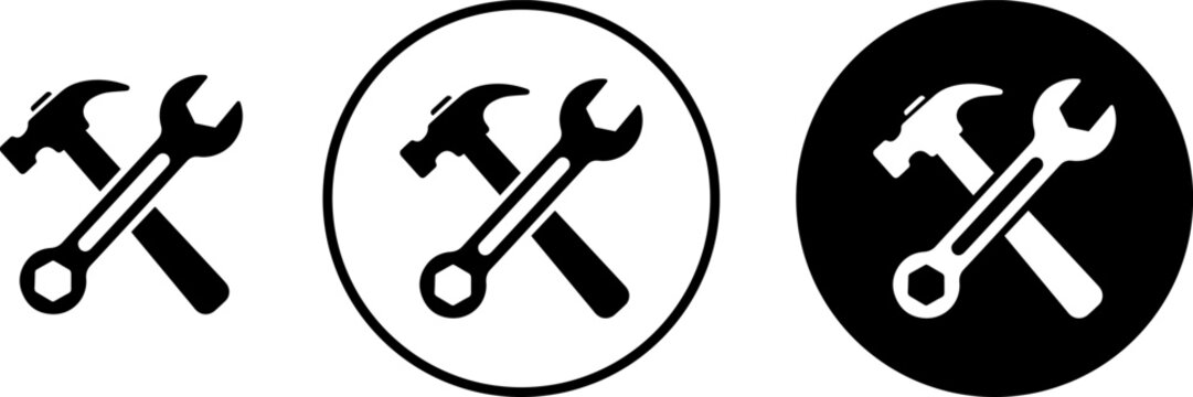 Hammer and wrench crossed icon set, tools symbol for repair and construction